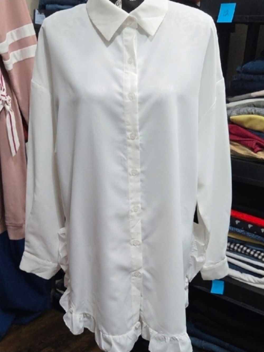 White Ruffle-Hem Button-Front Women's Shirt - Unbranded